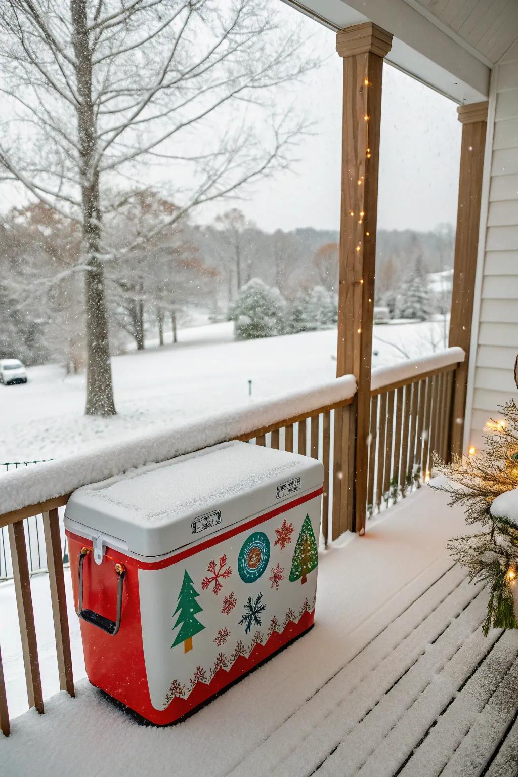 A cooler dressed up for the holidays with festive stickers.