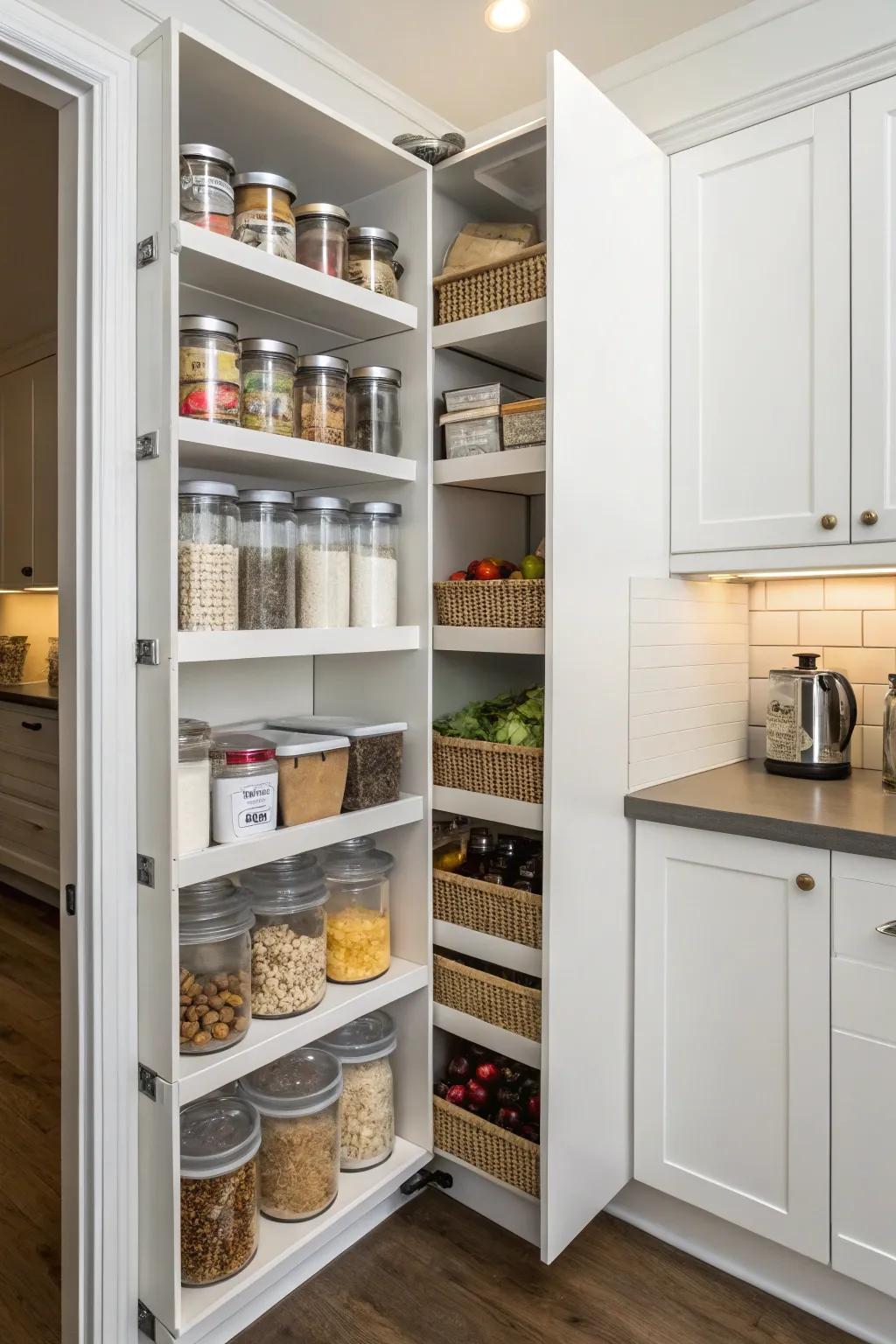 Tall corner pantry shelves for upright storage.