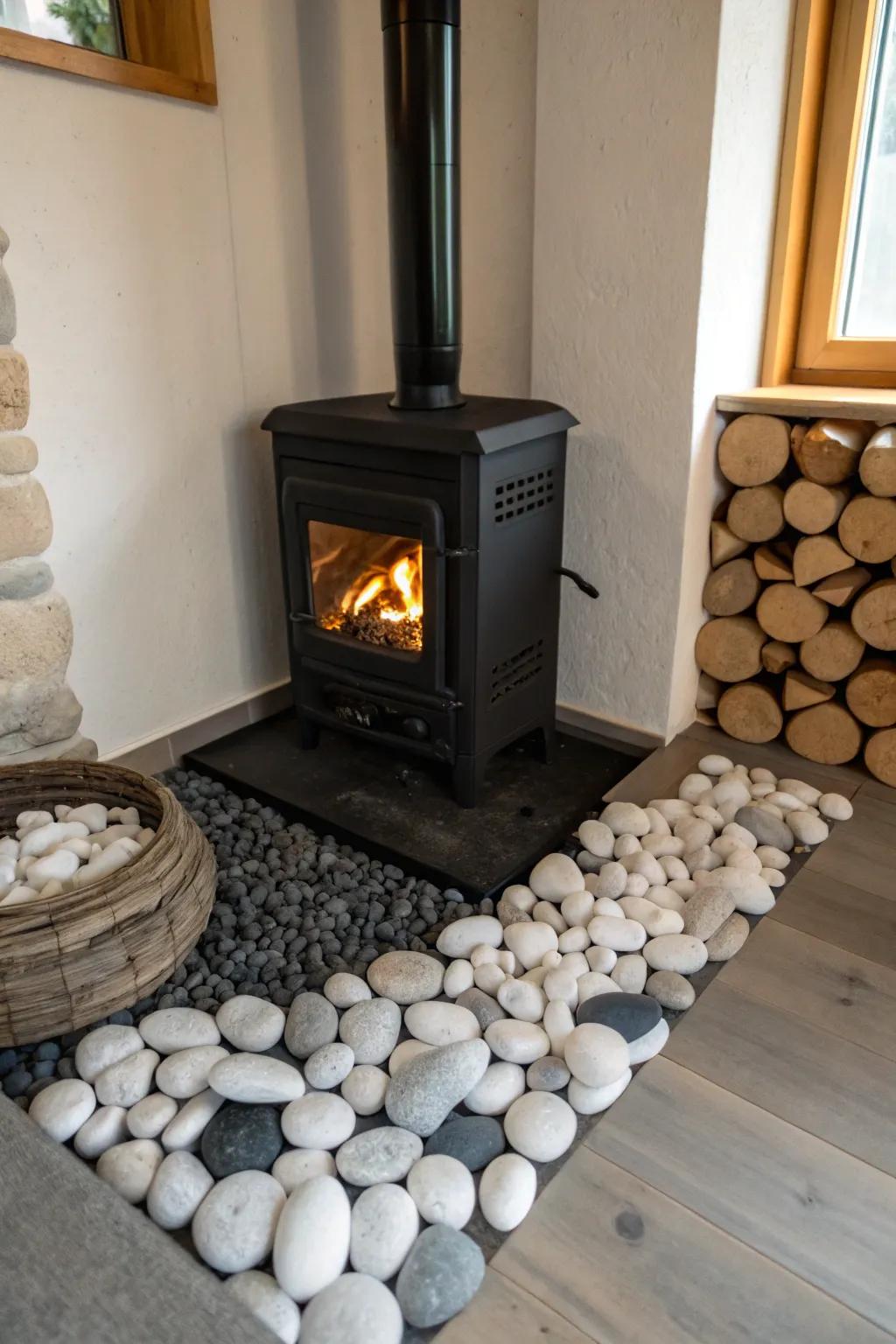 Eco-conscious stones contribute a zen element to your firebox area.