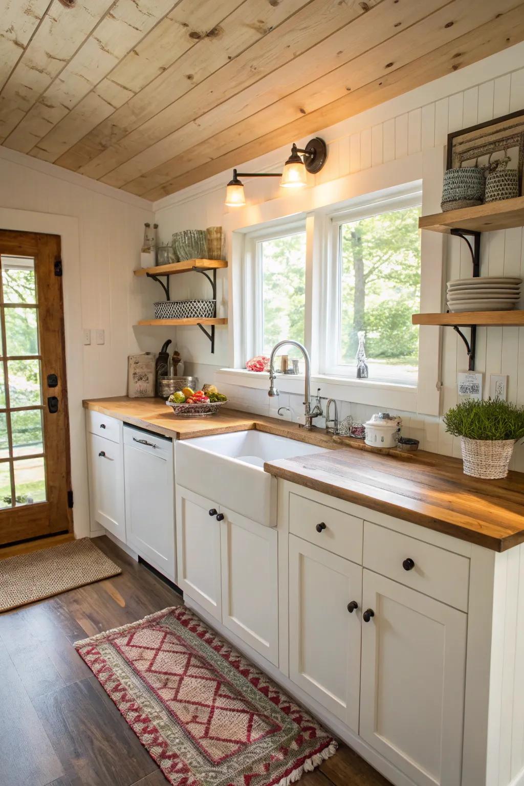 Warm hardwood surfaces complement the white cabinets.