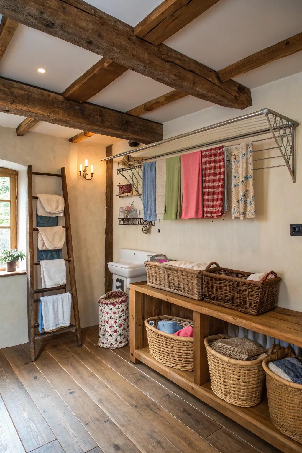 A clothes drying rack unites common sense with rustic charm.