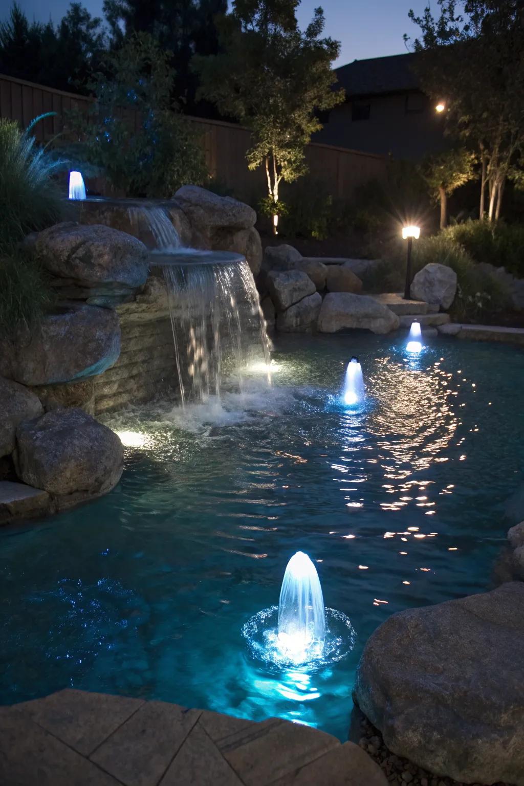 An entrancing liquid feature illuminated by submerged lights.