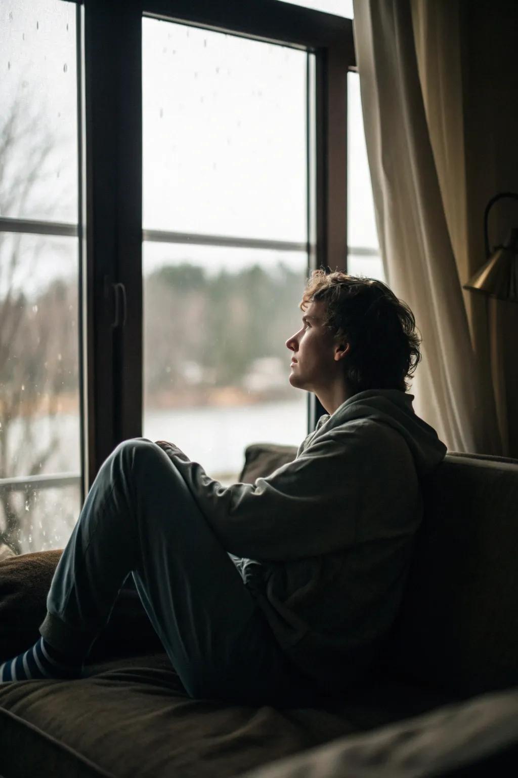 Window gaze creating a tranquil connection with the outside.