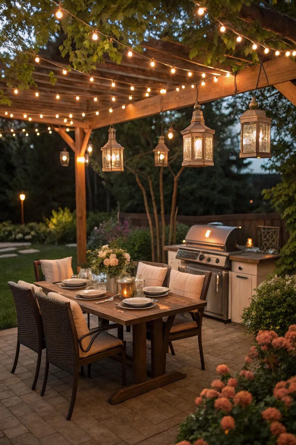 Romantic lighting transforms your BBQ area into a magical evening setting.