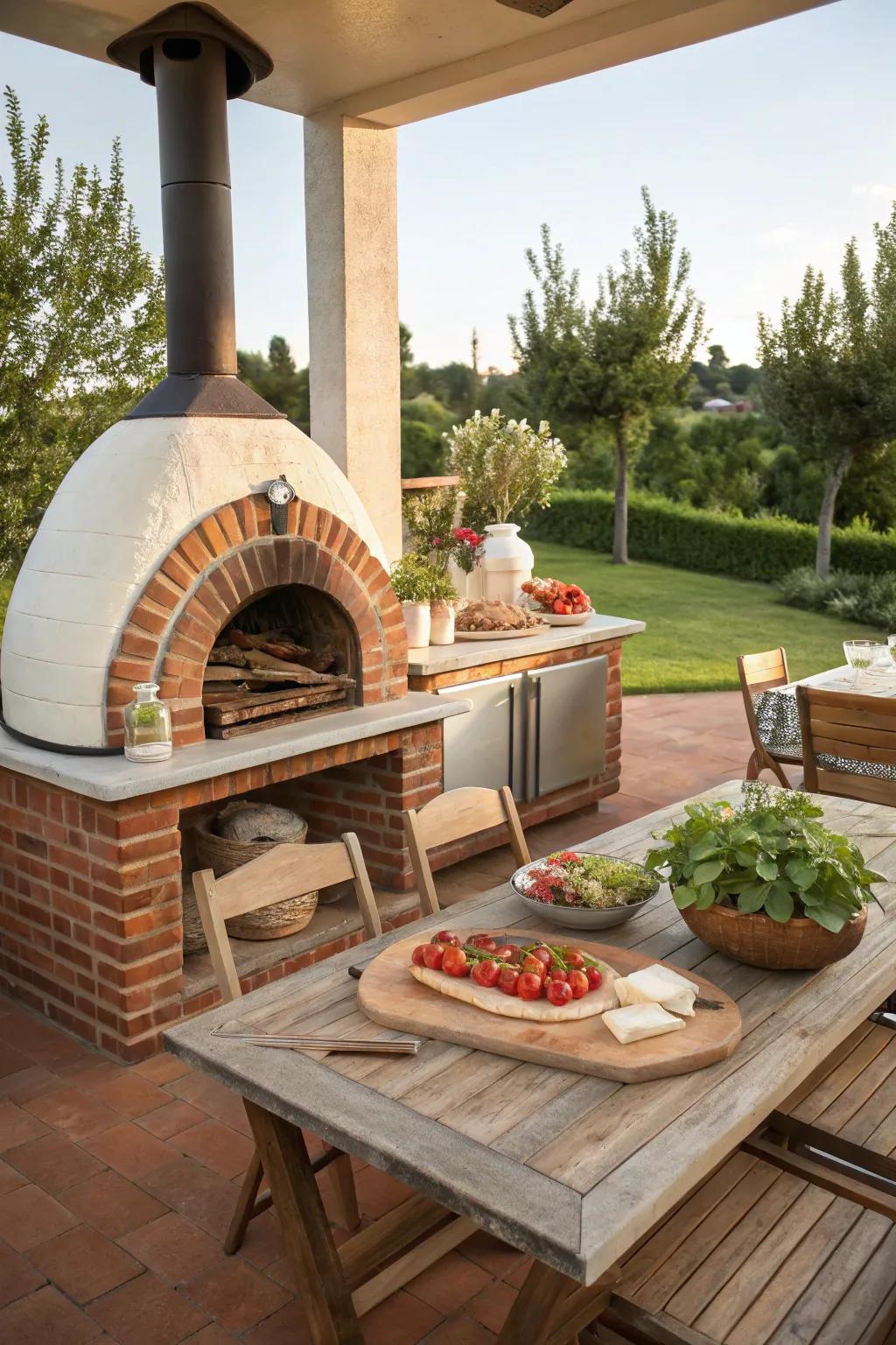 An Italian-style pizza oven brings authentic flavors to your outdoor kitchen.
