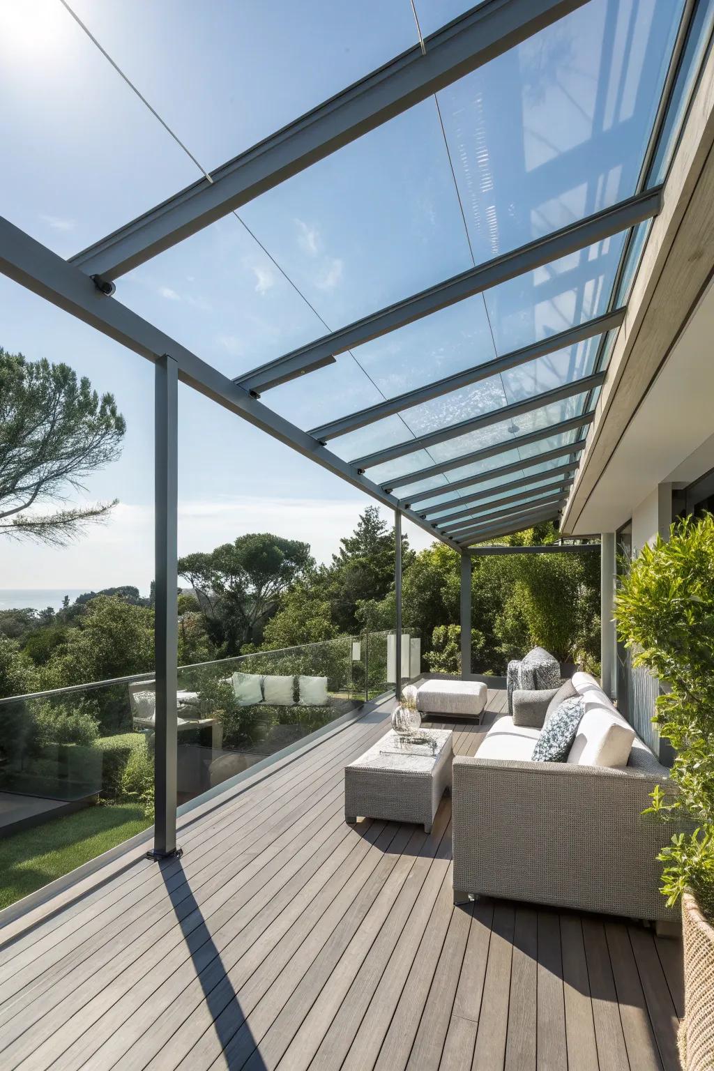 A sophisticated glass canopy-covered deck for modern living.