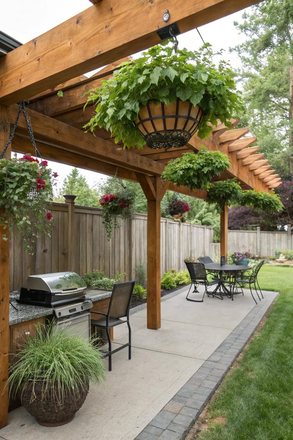 A wooden beam canopy providing rustic charm and natural beauty.