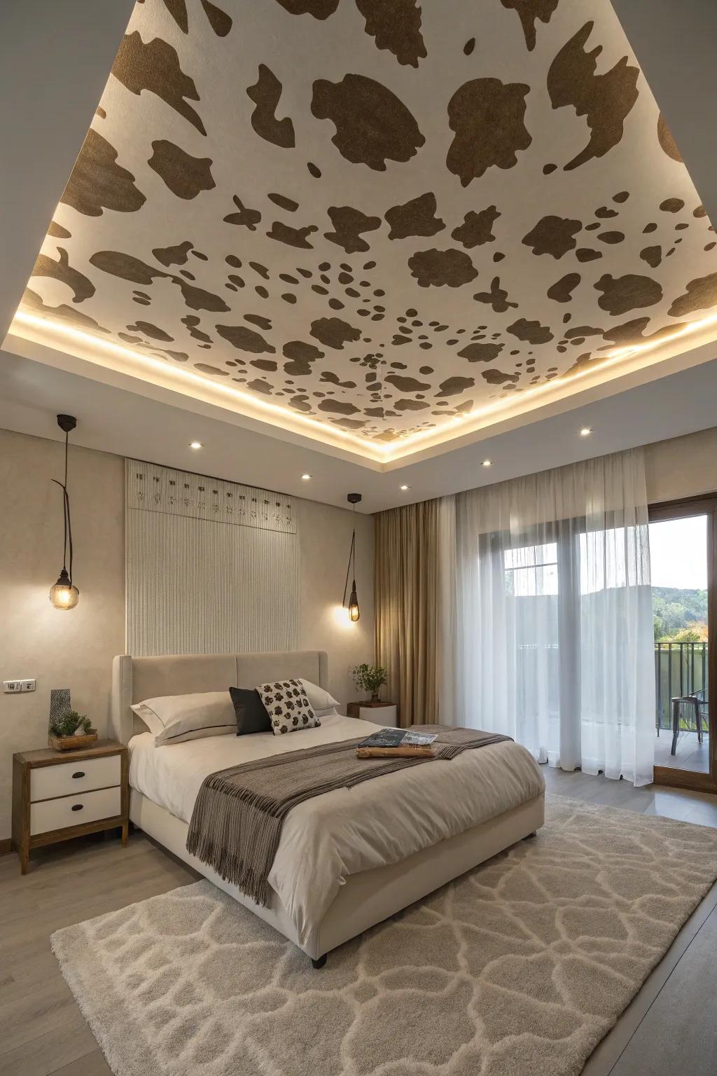 Spotted bovine on the ceiling provides a shocking and vibrant component.