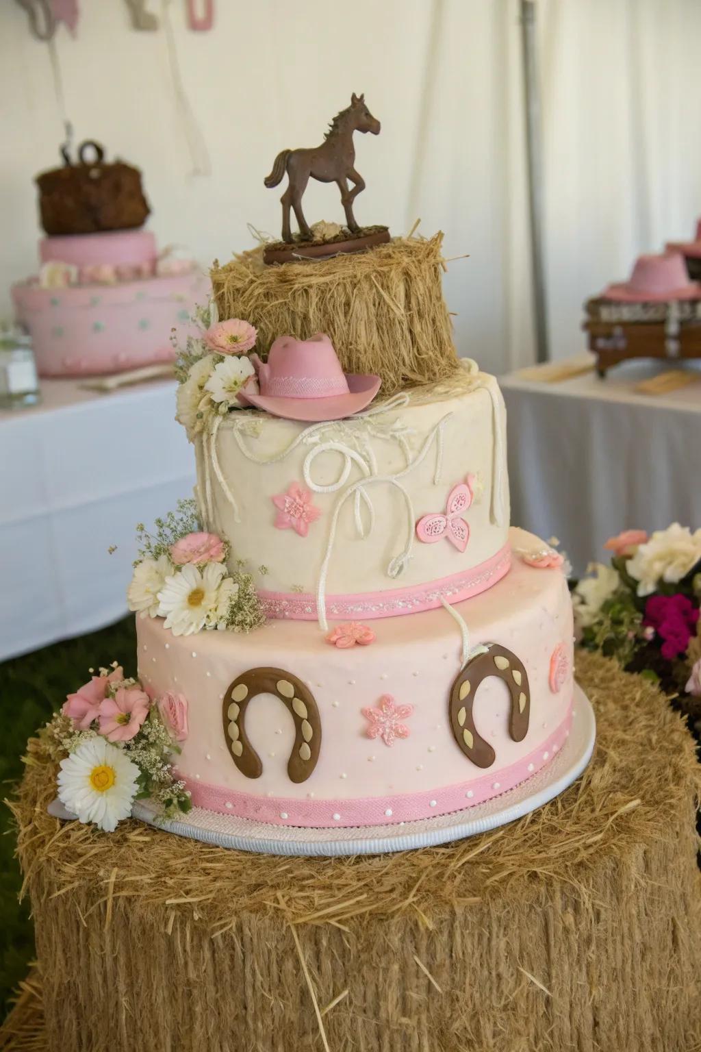 A grass bundle base imparts homespun charm to this cowgirl baby shower cake.