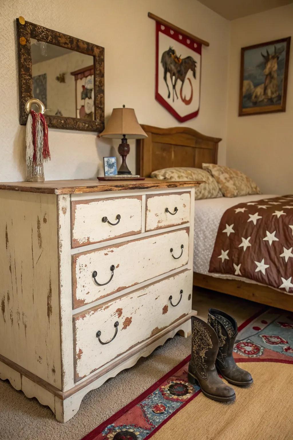 Distressed furniture evokes character and history.