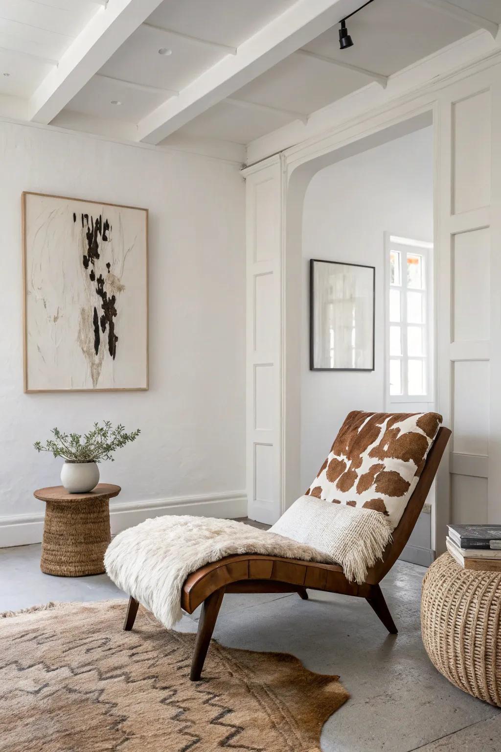 A minimalist room enhanced by a subtle cowhide accent.