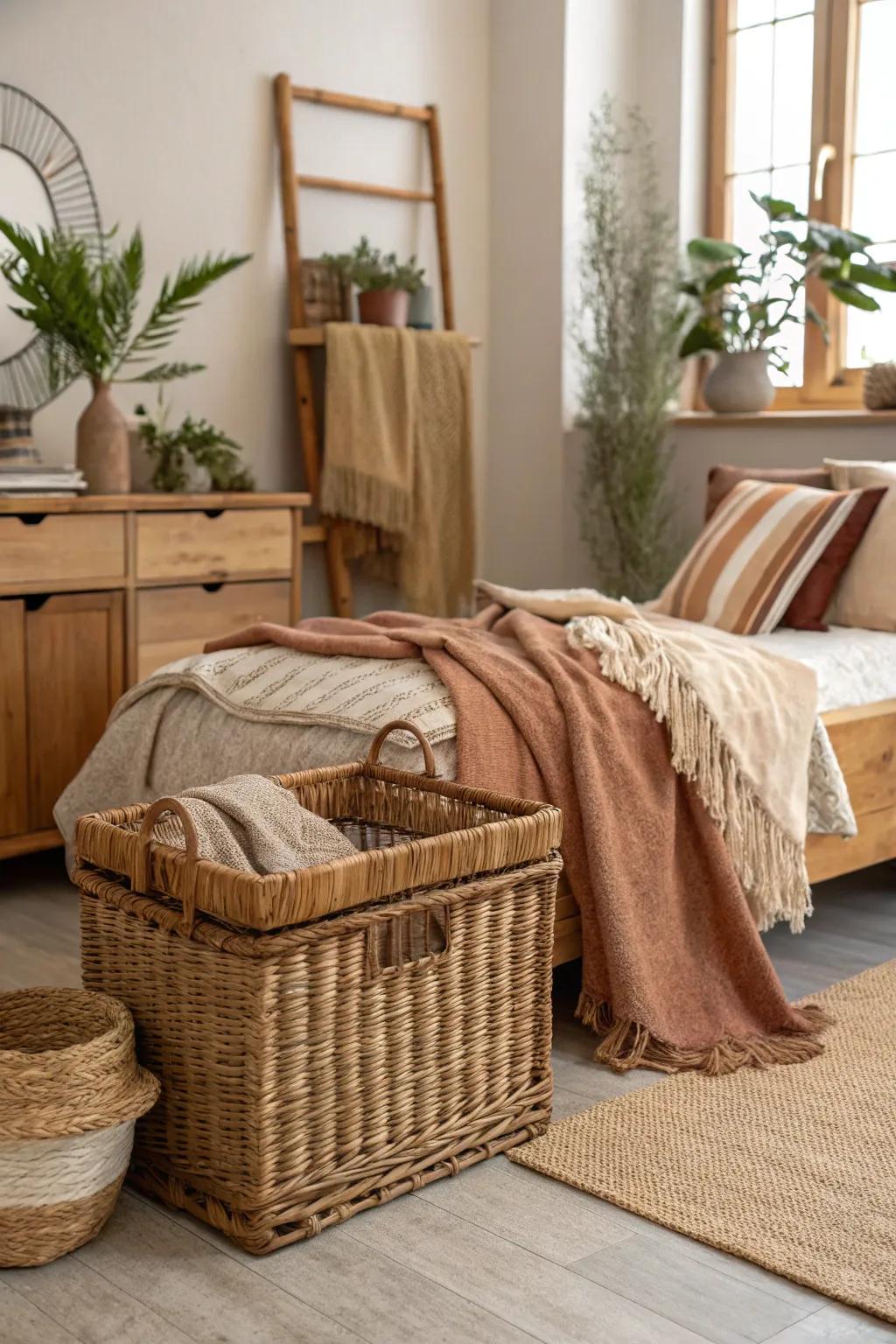 A bedroom showcasing country-style woven storage, combining utility with style.