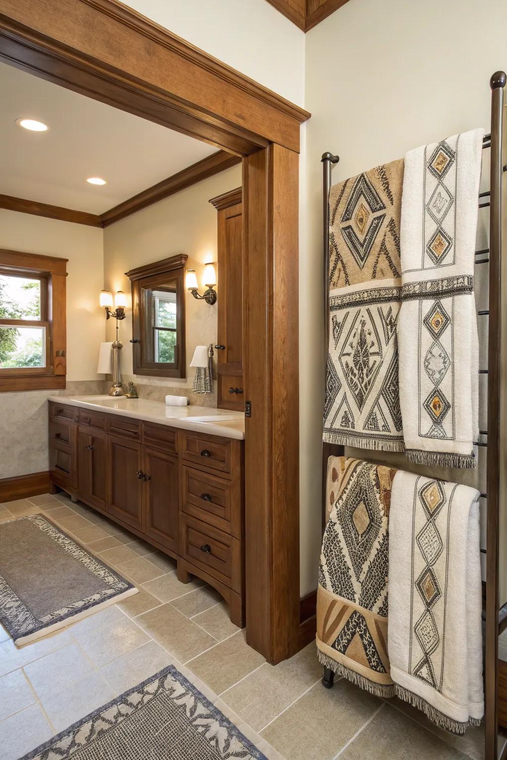 Artisanal cloths adding a personal touch to the craftsman bathroom.