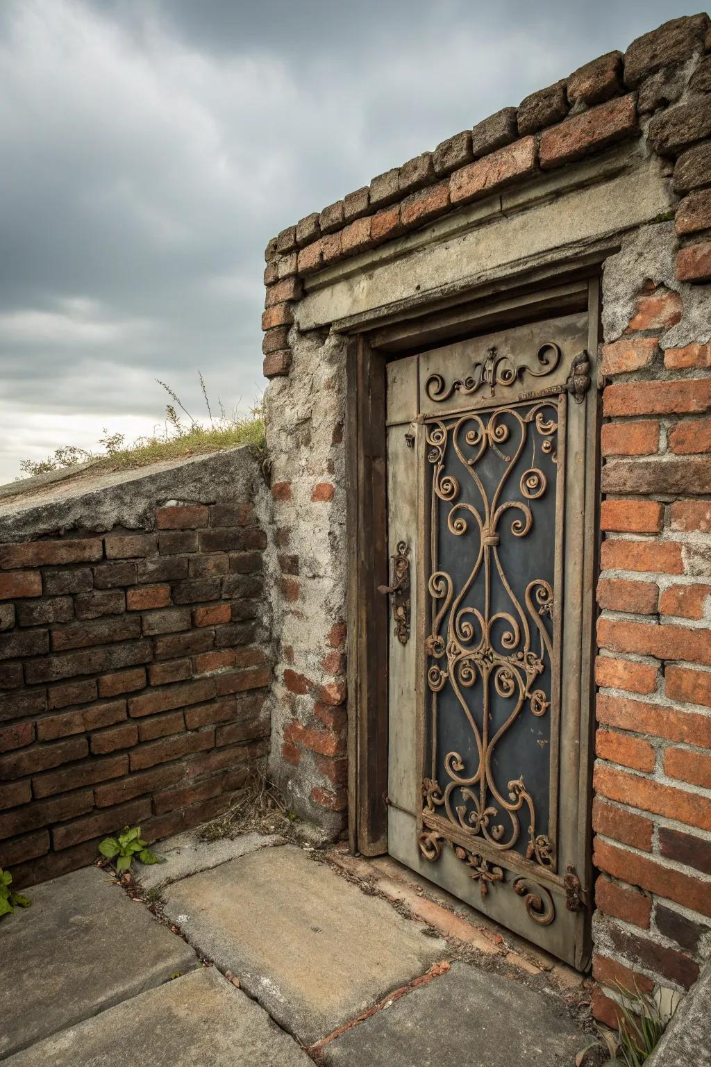 Ornate iron craft elevates the decorative charm of crawl space doors.
