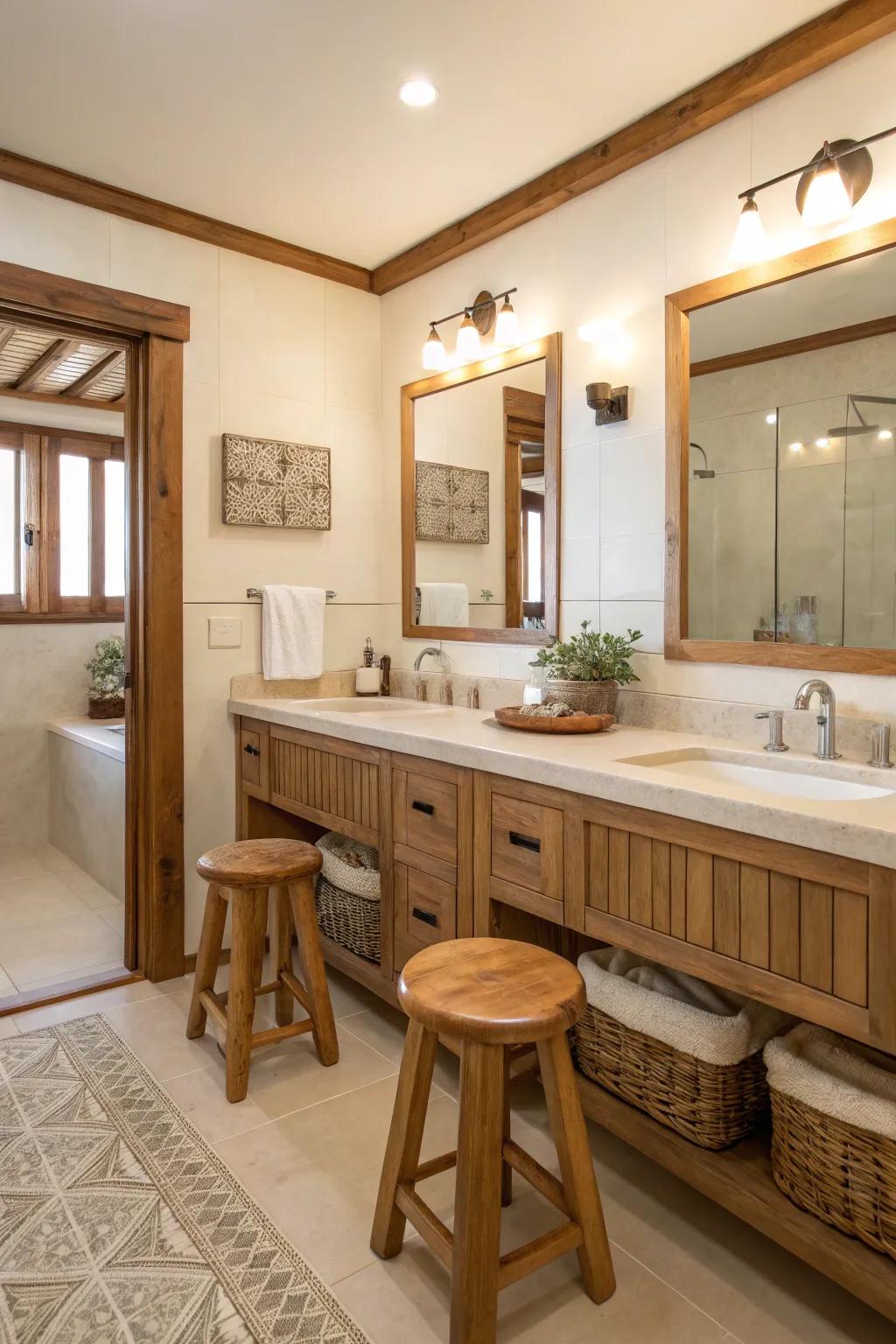 Wooden accents add warmth and texture to this cream bathroom.