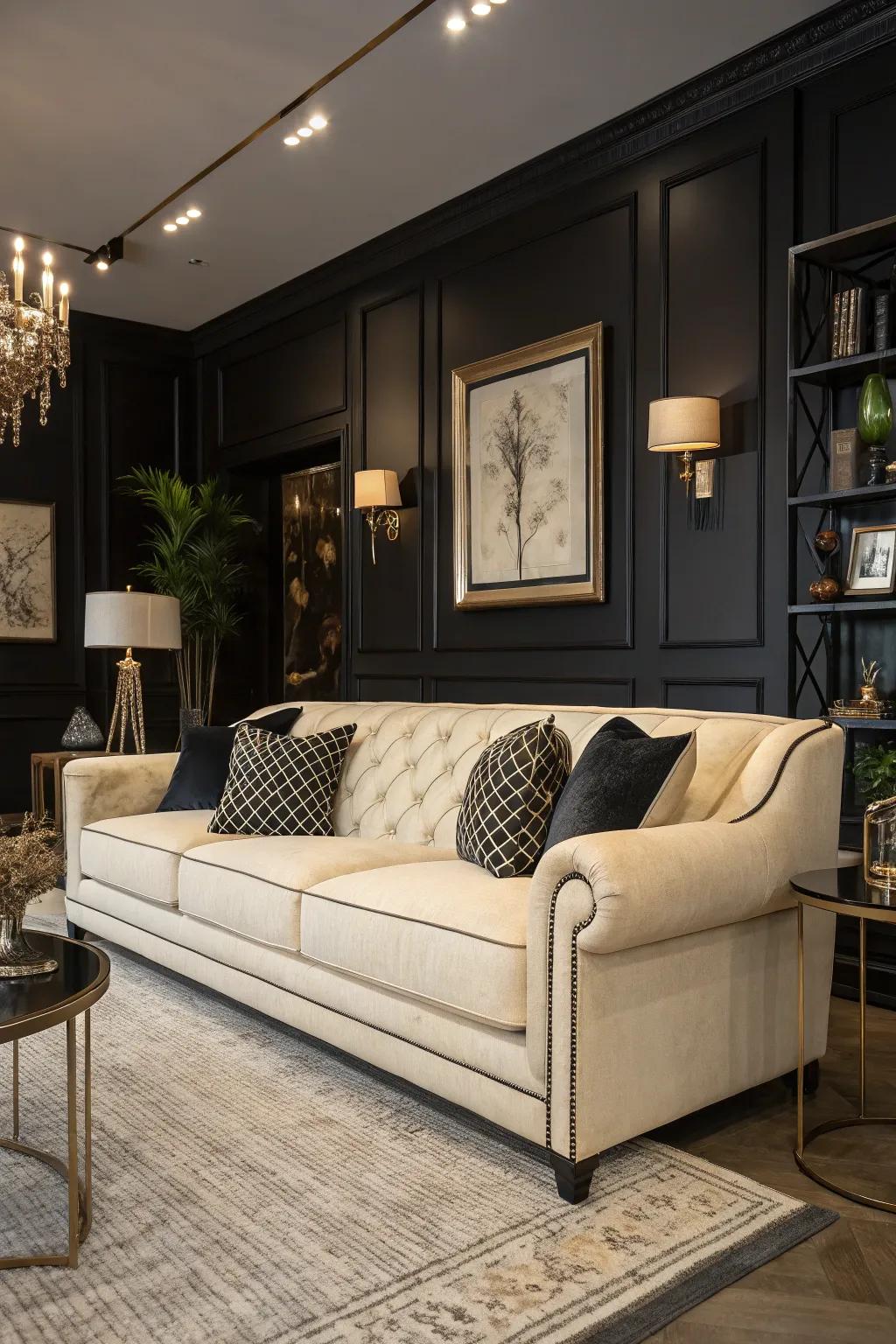 Dim highlights proffer a striking contrast to the vanilla settee.