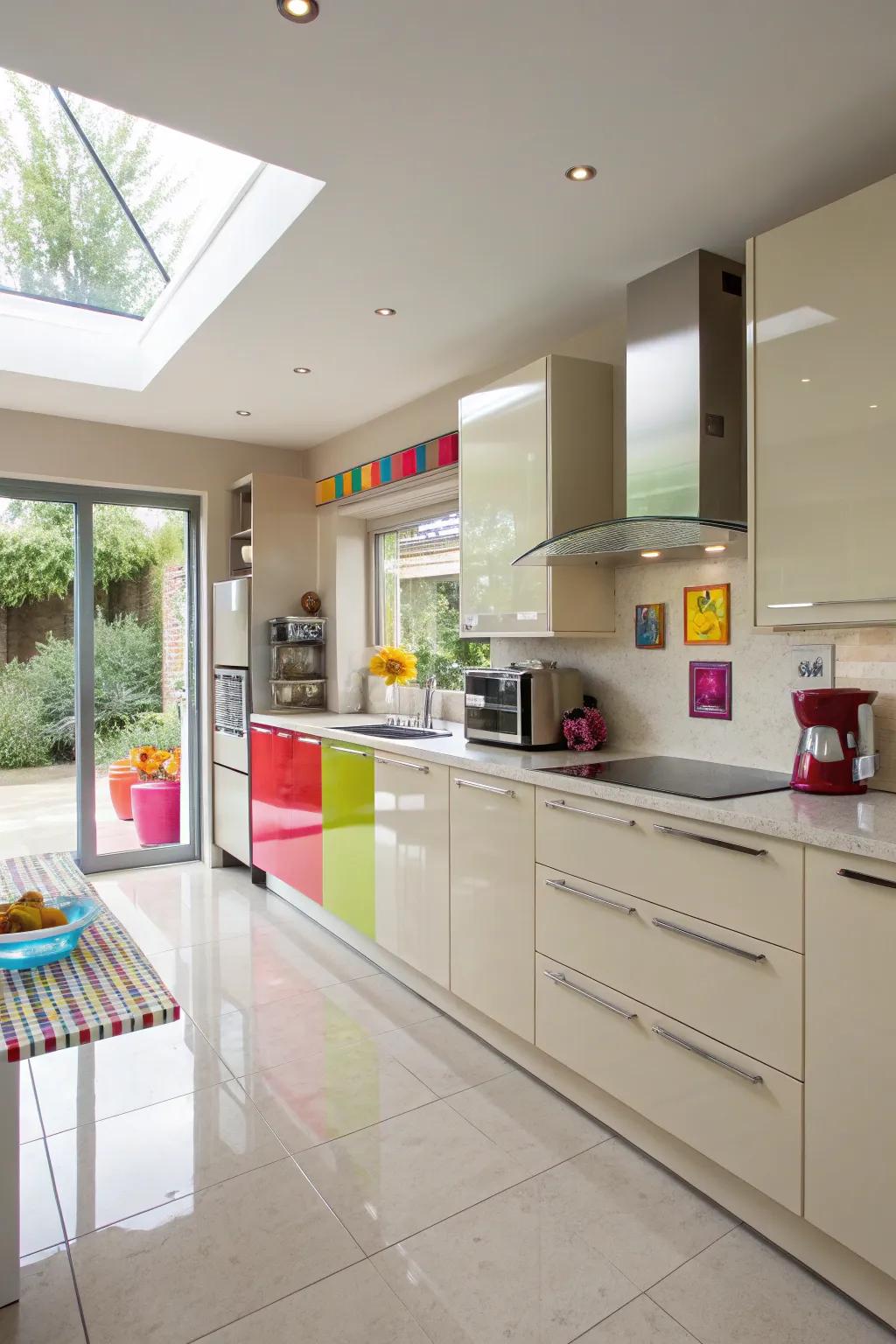 Splashes of vivid colors adding a playful twist to a cream gloss kitchen.