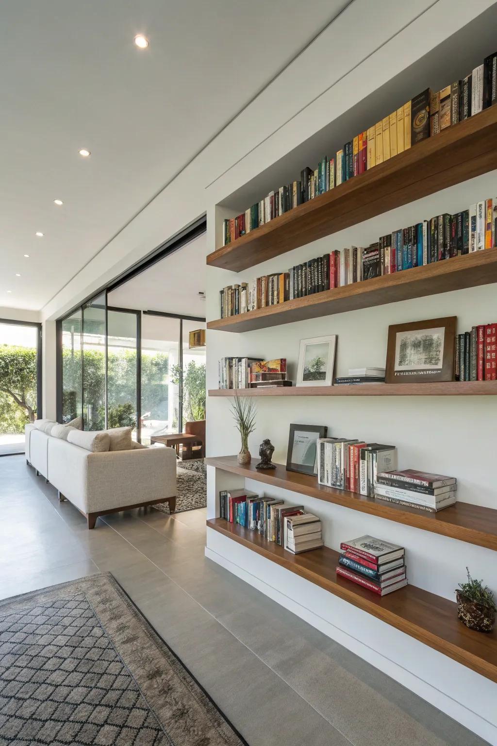 Elevated bookshelves bring a modern and fascinating touch.