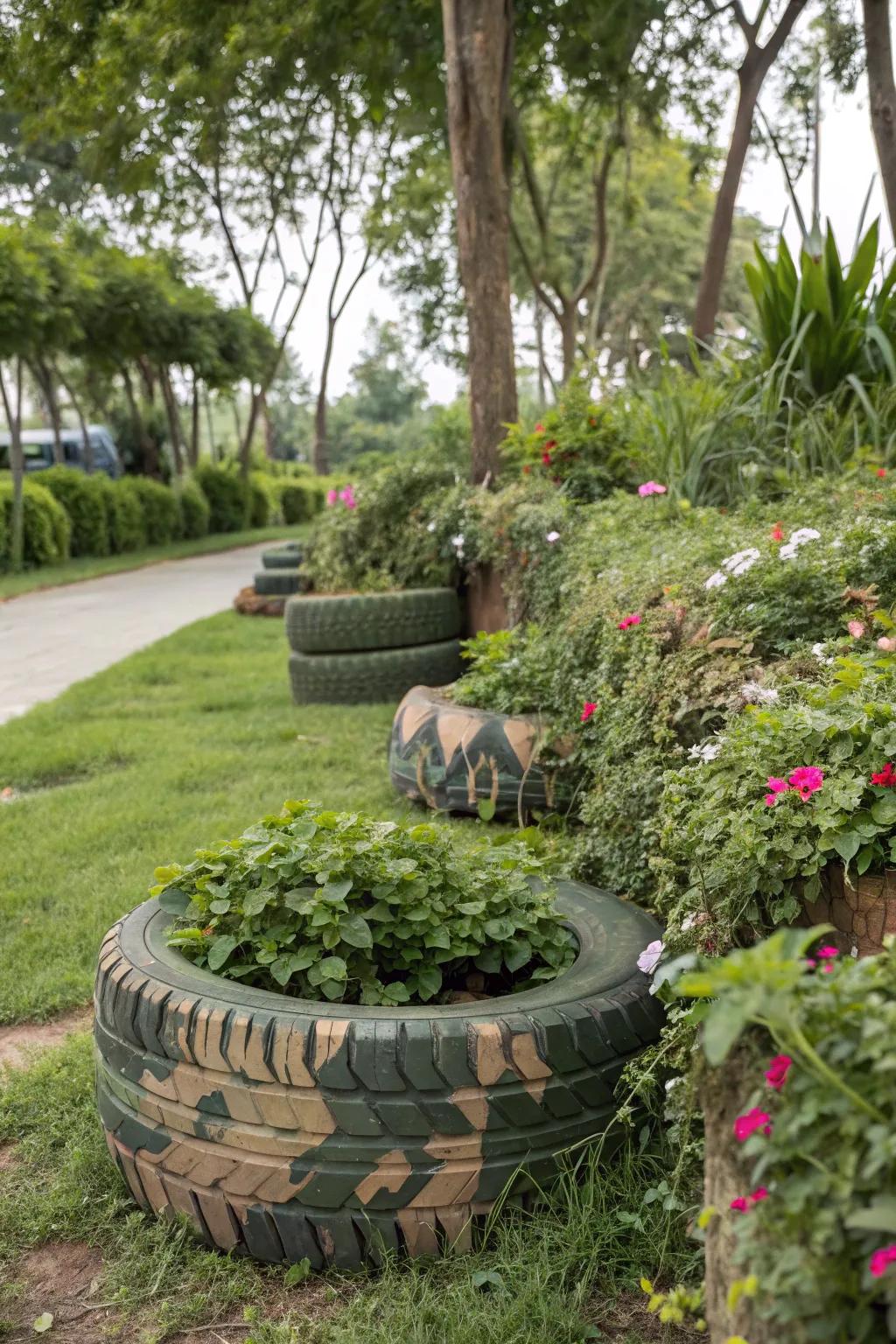 Subtle hidden tire beds integrating with the garden.