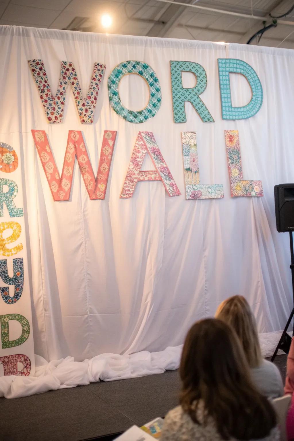A cozy word wall featuring a soft fabric backdrop