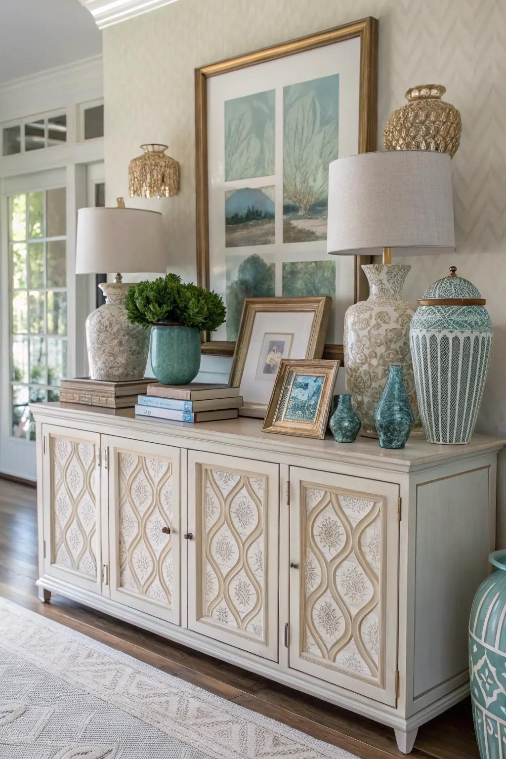 A credenza styled with a cohesive color palette.
