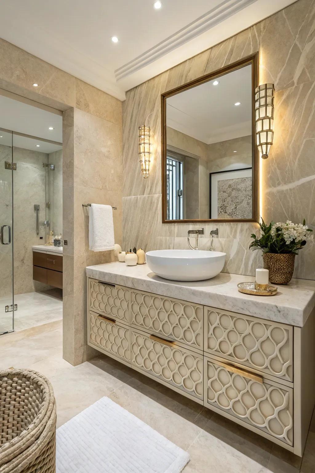 Textured accents paired with crema marfil amplify the design’s depth.