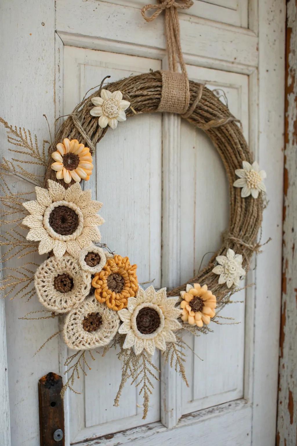 Add a touch of rustic farmhouse charm to your home with this cozy crochet sunflower wreath.