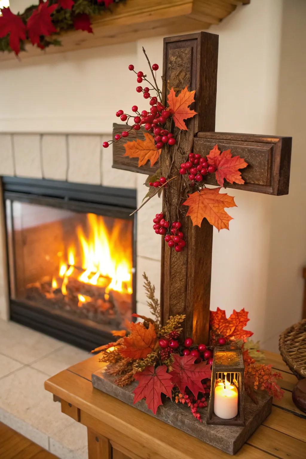 Seasonally decorated cross with autumn leaves