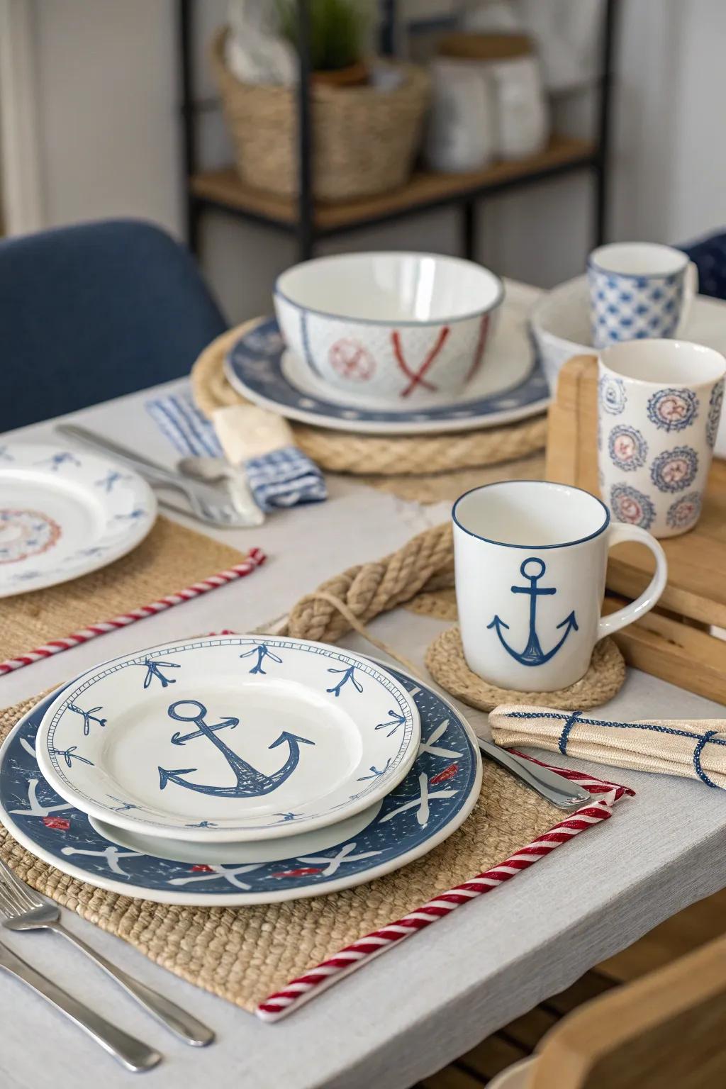 Maritime tableware unites the theme.