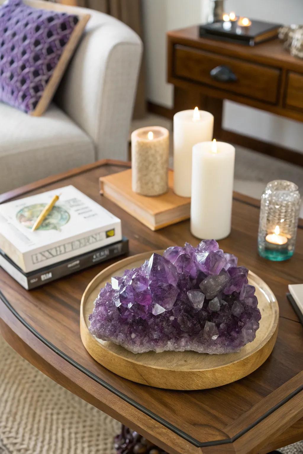 A coffee table features a stunning gemstone centerpiece, creating a focal point.