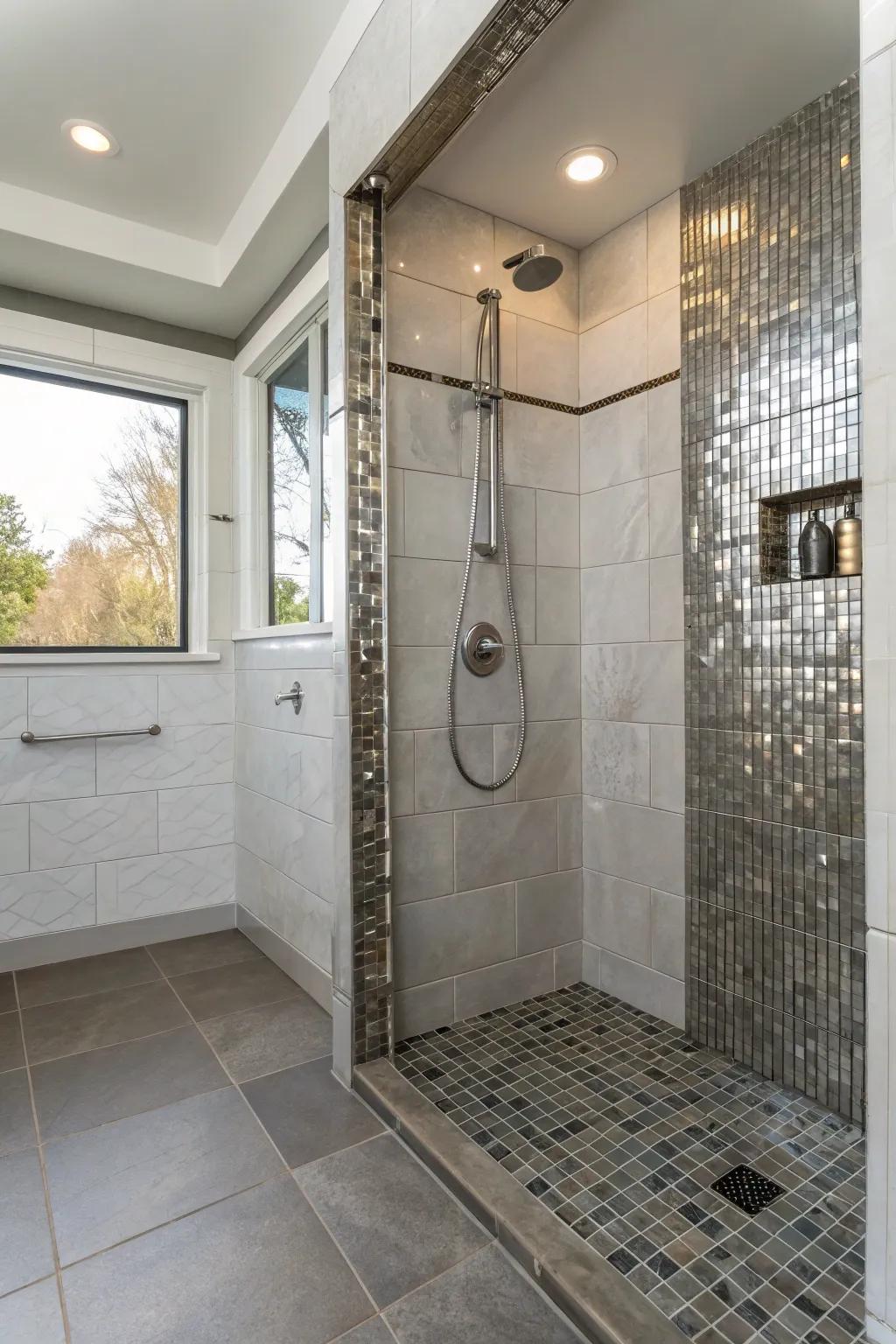 Metallic details bring a subtle sophistication to this curbless shower.