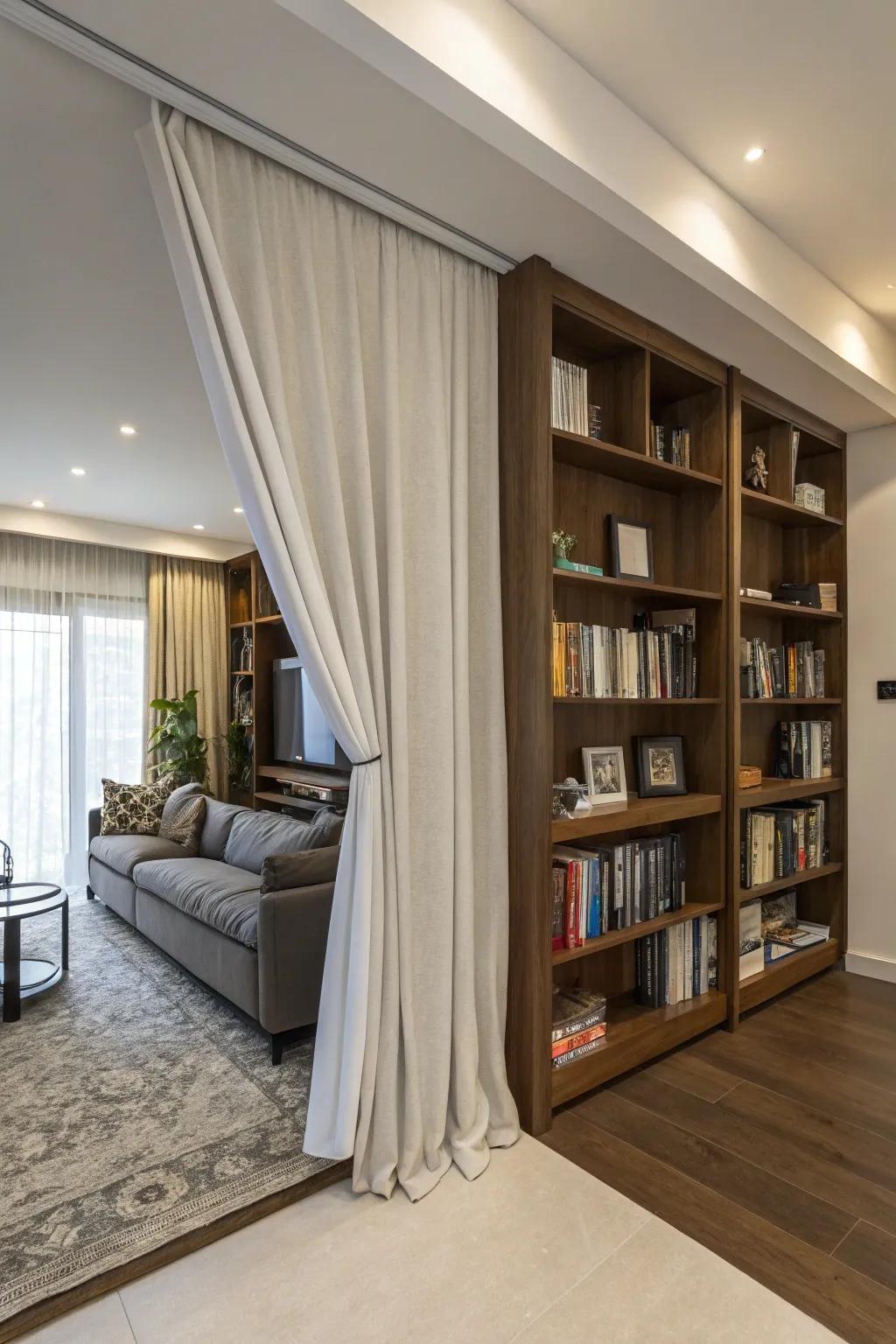 A combination of curtains and bookshelves adds storage and style.