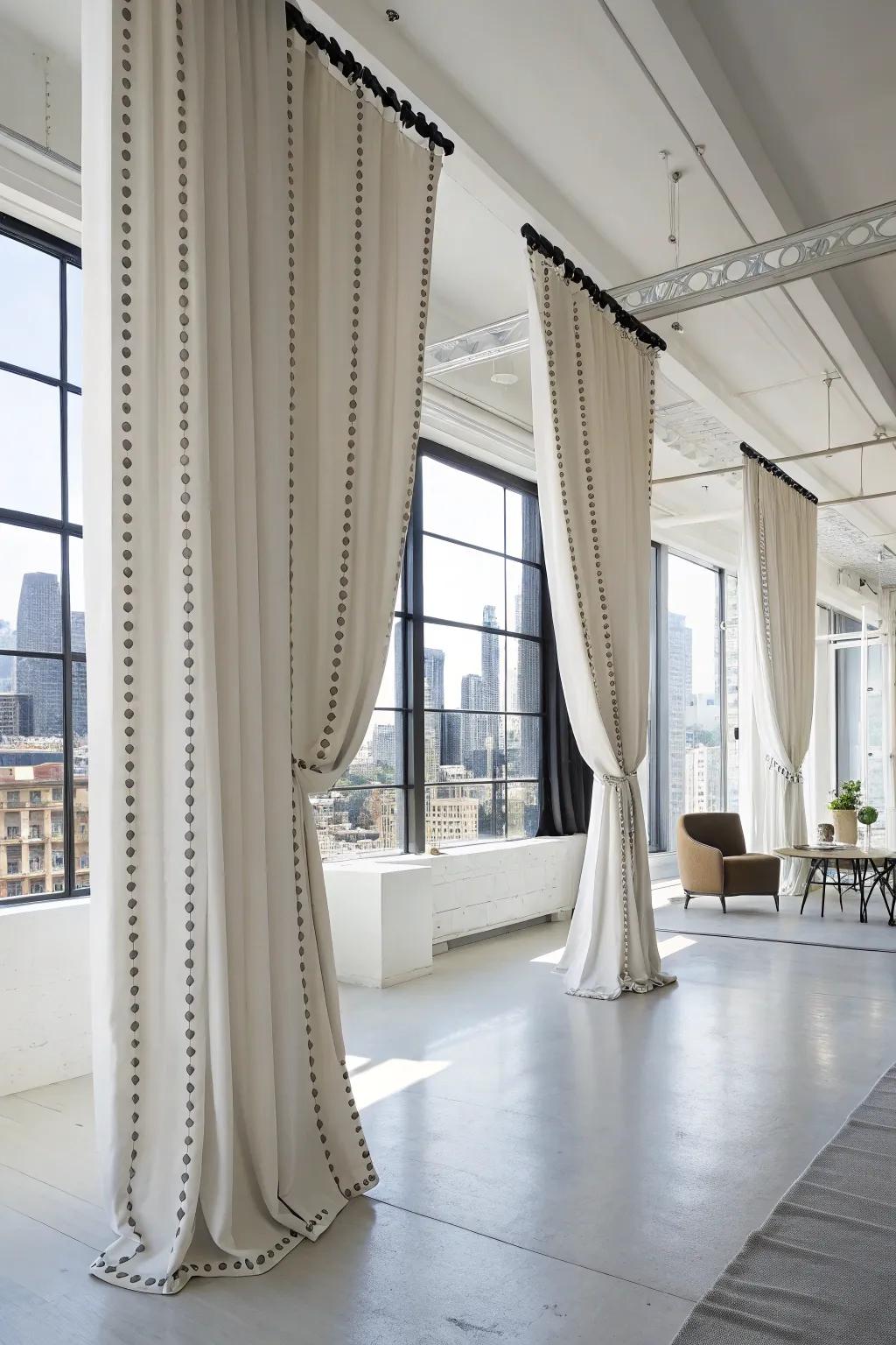 Modern curtains featuring chic studded <strong>details</strong>.&rdquo; loading=&rdquo;lazy&rdquo; class=&rdquo;pimg&rdquo;>
	</picture><figcaption>Modern curtains featuring chic studded <strong>details</strong>.</figcaption></figure>
<p>Studded <strong>details</strong> can enhance a touch of industrial chic in your curtains. I experimented with this in a loft space, using silver studs for a modern edge.</p>
<h3>Explore these options:</h3>
<ul class=