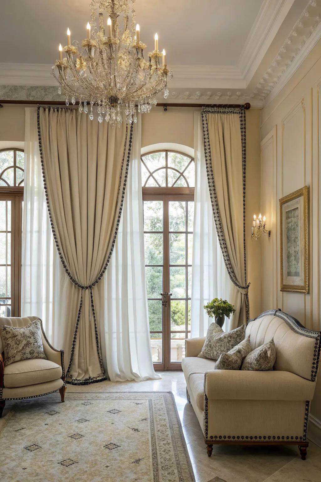 Contrast piping adds a sophisticated border to window covering designs.