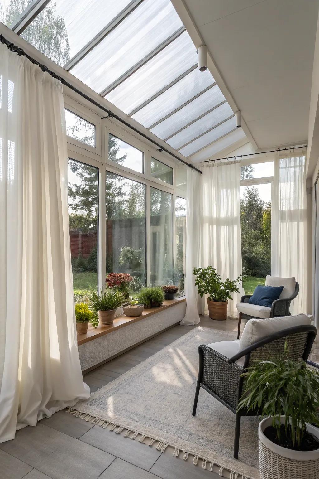Minimalist curtains furnish a polished and contemporary aesthetic for your sunroom.