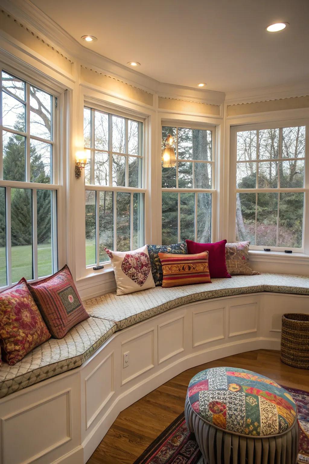 Curved bay window illuminated with bright, multicolored cushions.