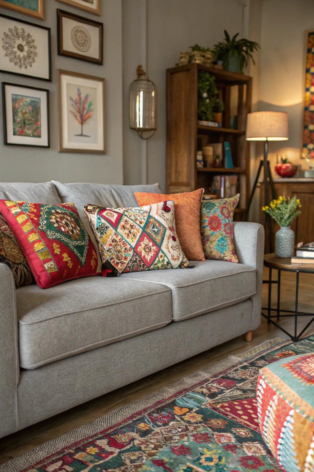 A varied combination of cushions displays individuality over a charcoal couch.
