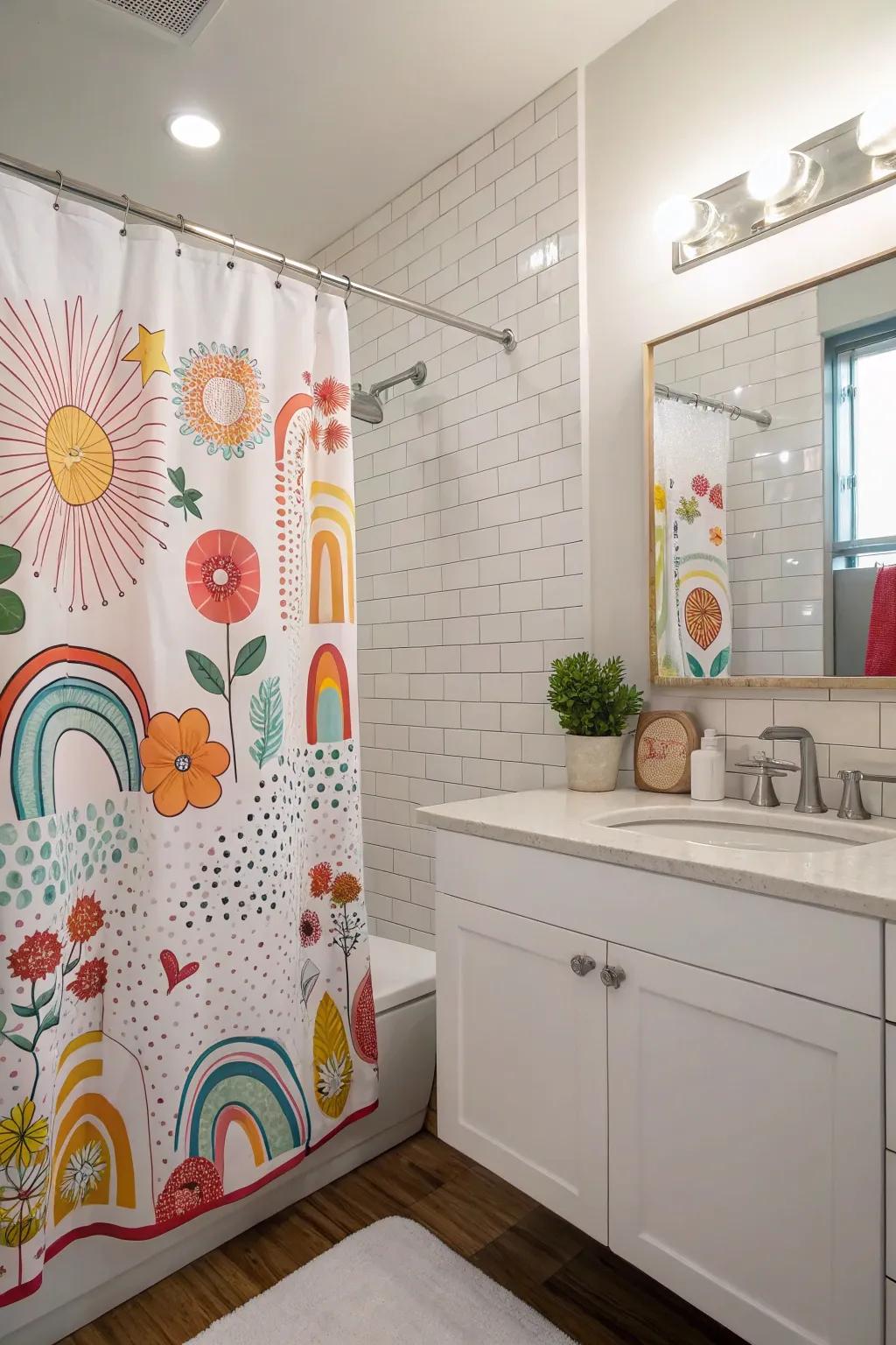 An unusual shower curtain can contribute fun and color to your restroom.