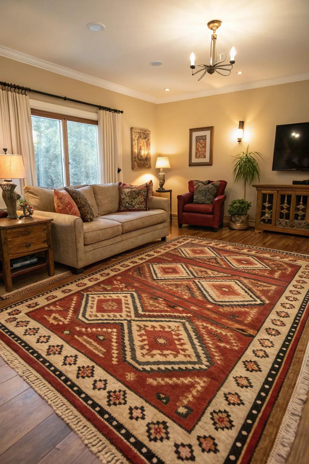 A statement rug that anchors and defines the living room.