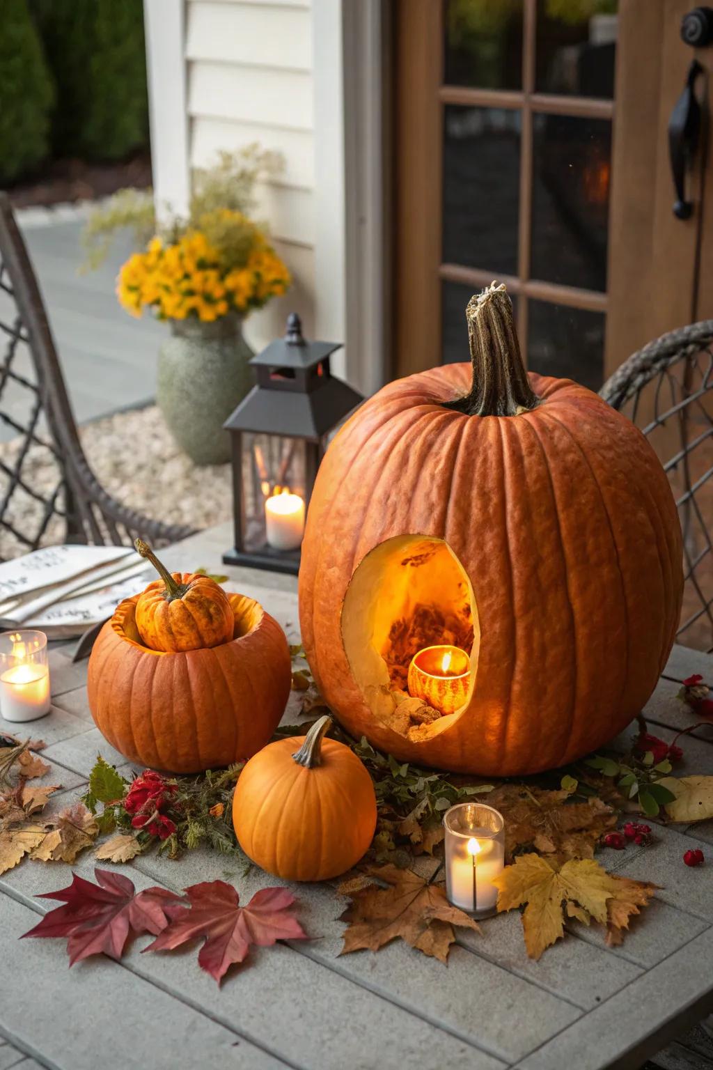 A surprising pumpkin design with a smaller pumpkin inside.