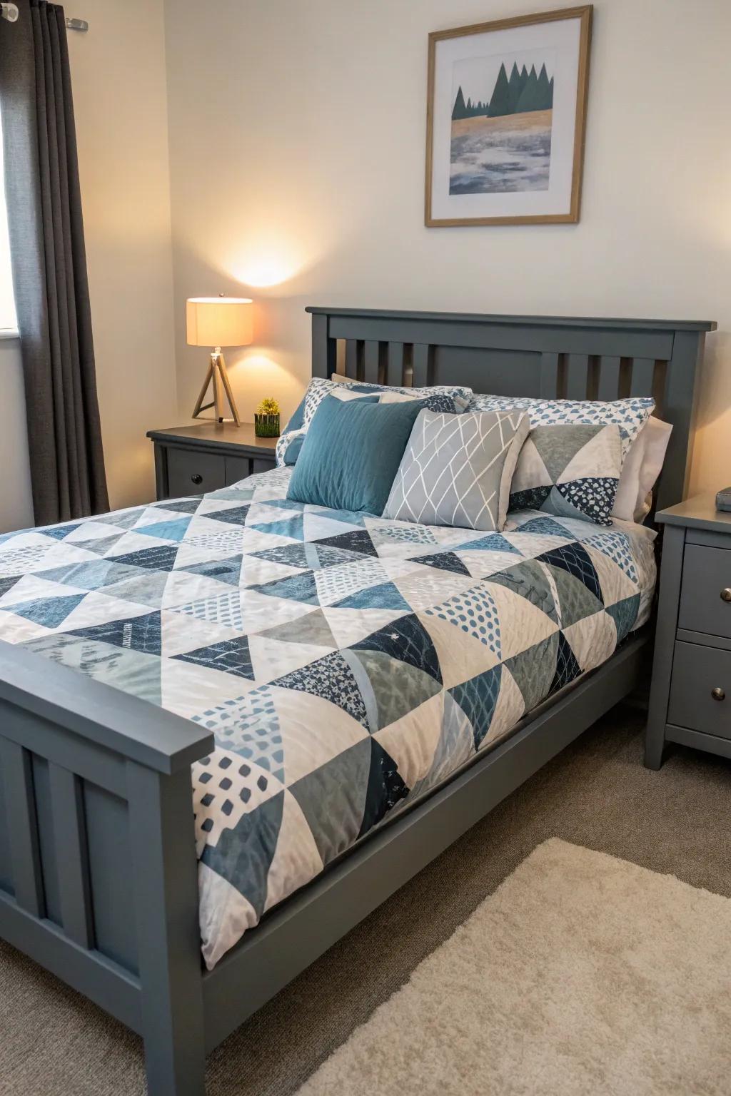 Geometric patterns introduce a modern twist to a grey-themed bedroom.