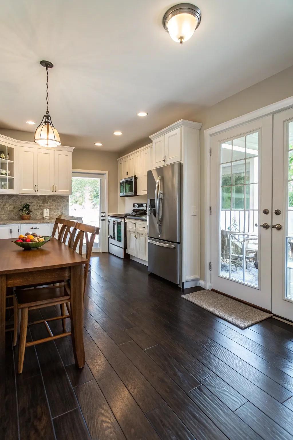Shadowy wood flooring introduces depth and anchors the kitchen design.