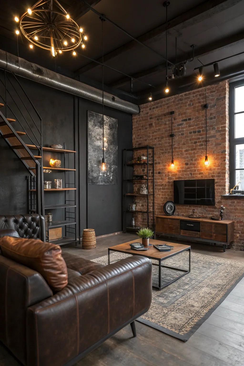 A living area embodying urban grit with chic industrial decor.