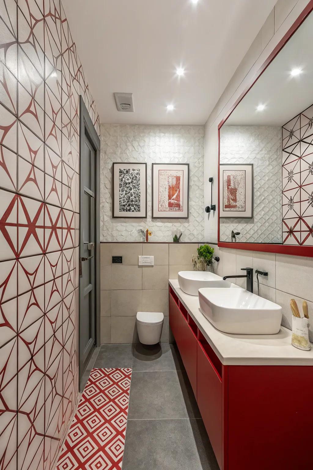 Contemporary crimson touches impart a modern feel to the bathroom.