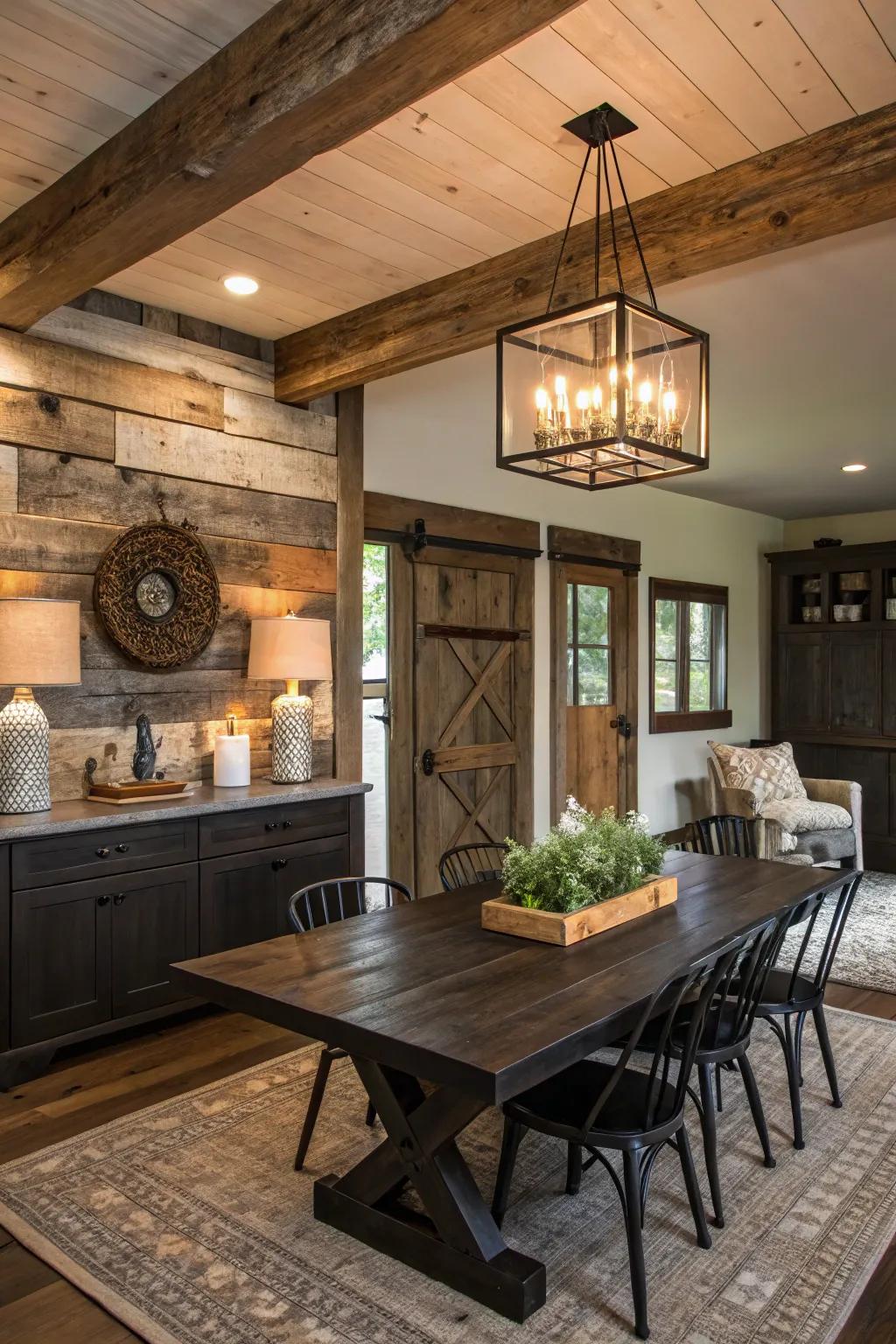Restored wood infuses rustic charm into settings with dark wood.