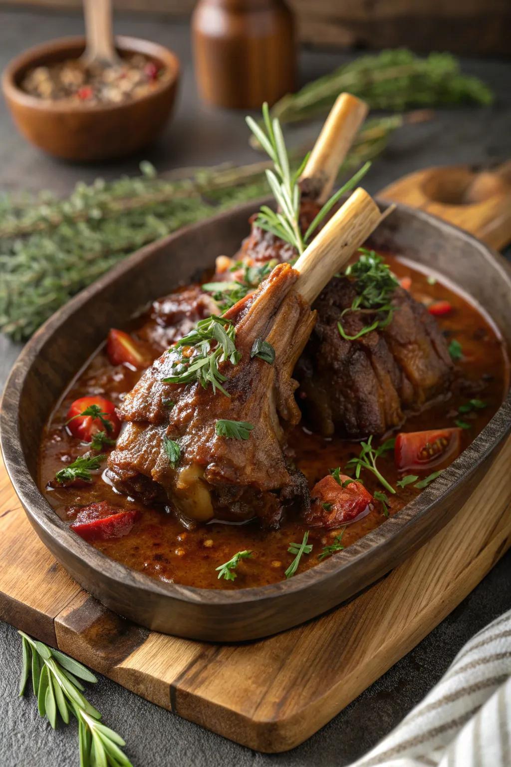 Gently cooked sheep shanks, a tender and flavorful December dinner.