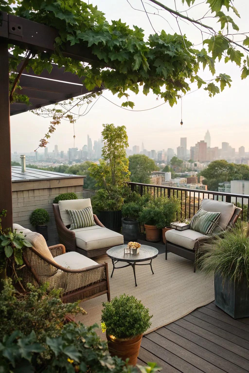 A rooftop deck provides a serene escape with stunning views.