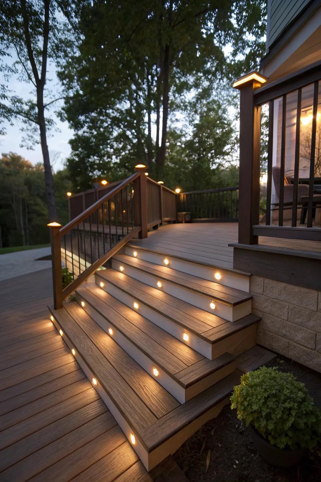 Deck steps with built-in lighting for nighttime allure