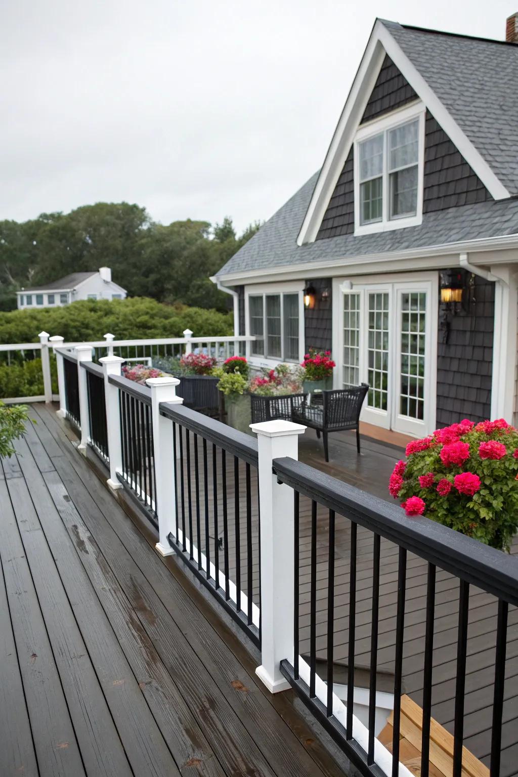 Black railings with white trim create a timeless and charming cottage vibe.