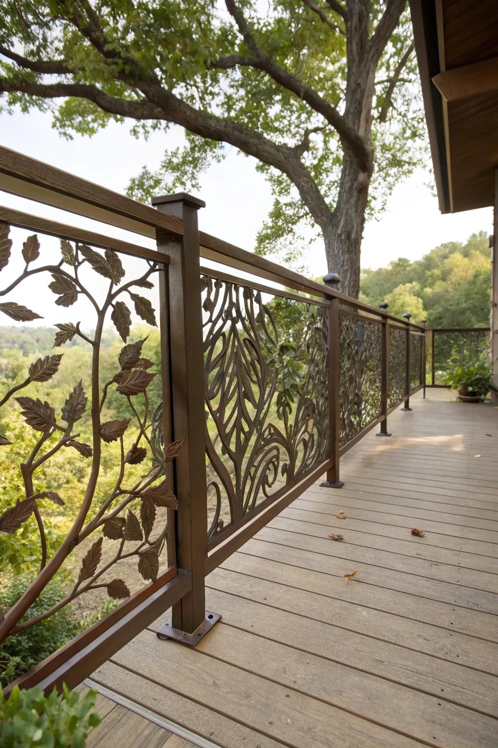 A harmonious deck with nature-inspired balustrade patterns, blending with the natural surroundings.